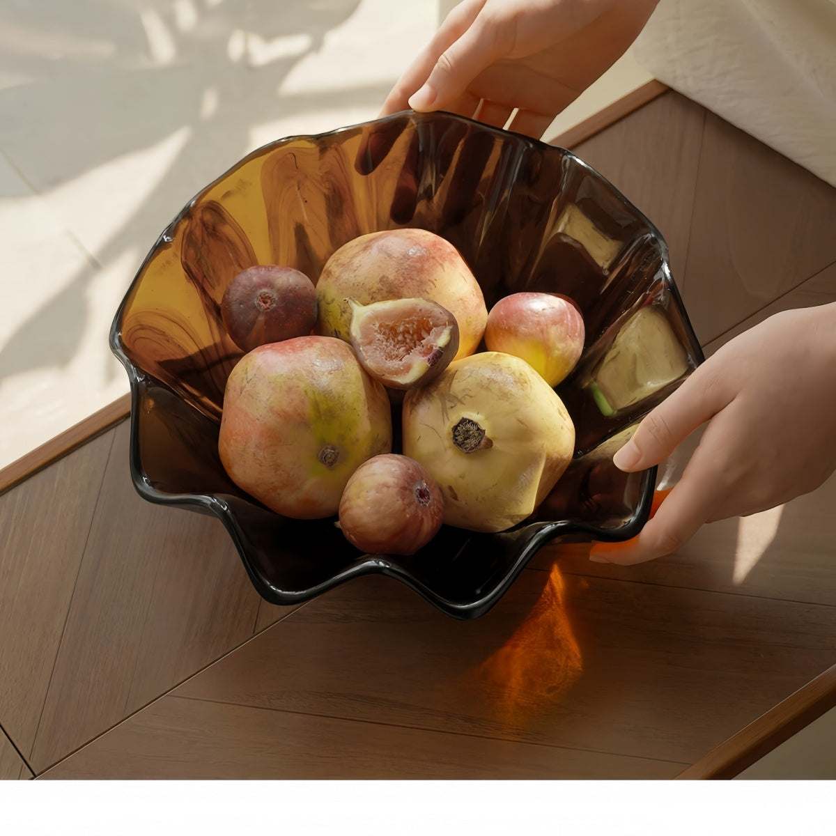 Vintage shell-shaped resin fruit bowl with scalloped edges on living room tabletop