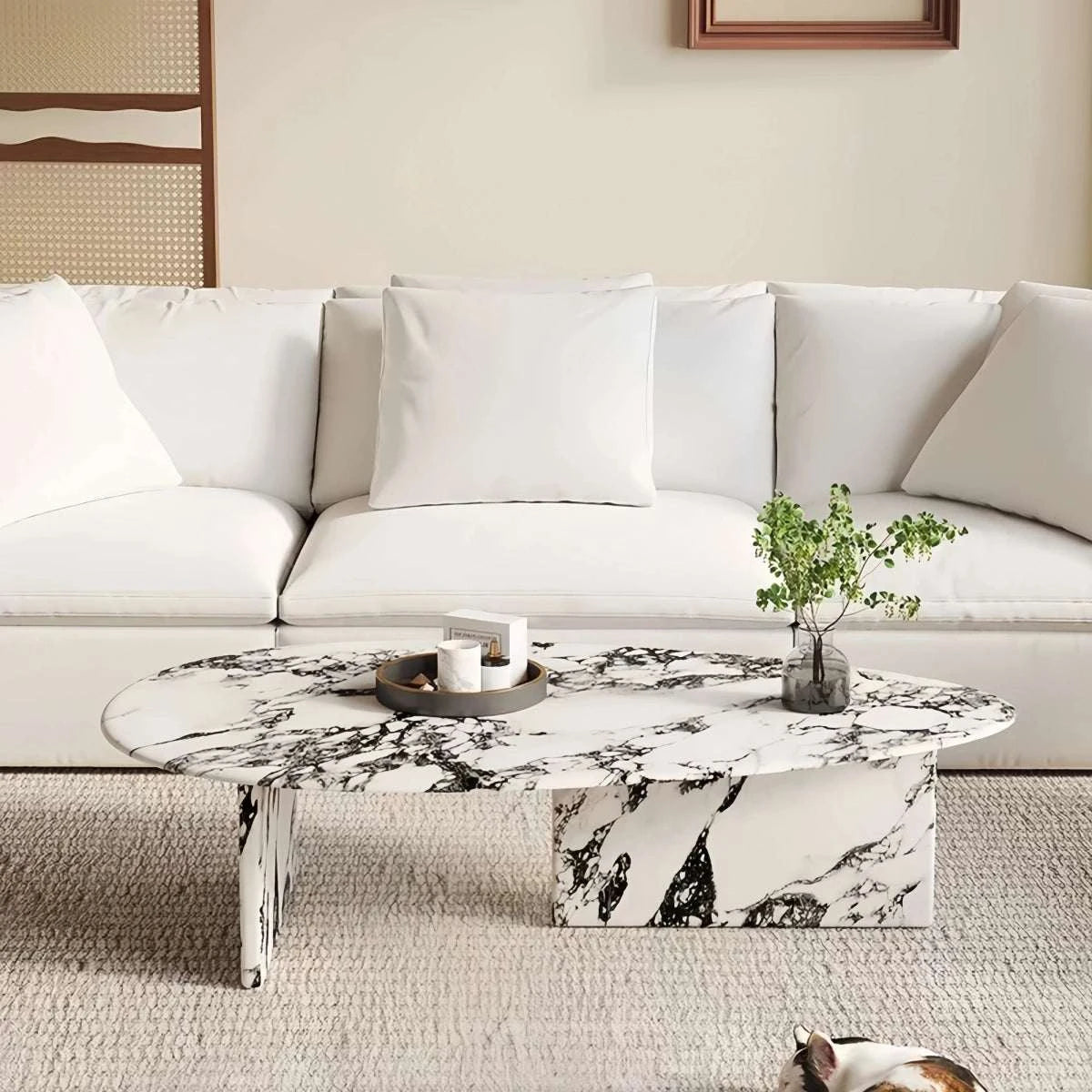 Cream retro Bulgari marble oval irregular coffee table with natural stone veining for small living room