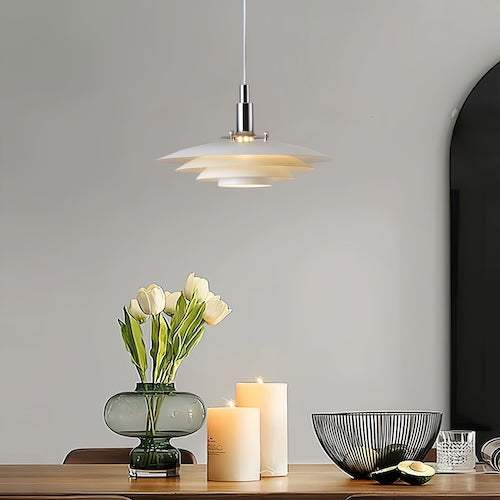 Modern kitchen pendant lighting with spiral lampshade, matte finish, and energy-saving bulb above dining table decor.
