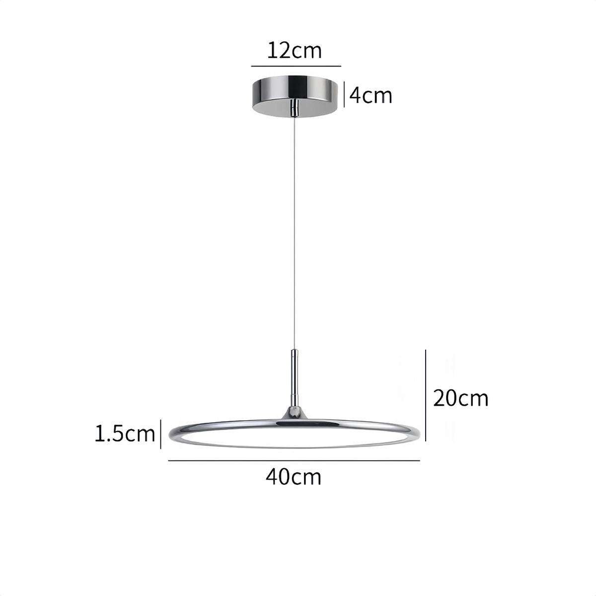 Minimalist dining pendant light in chrome with 40cm diameter, LED tri-color dimming, and sleek modern design for dining tables and kitchen islands.