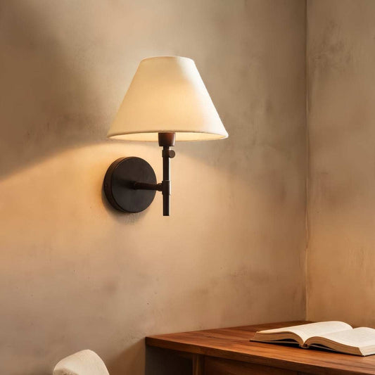 Wabi-Sabi Wall Sconce with vintage linen fabric shade and warm ambient light for bedroom and hallway decor