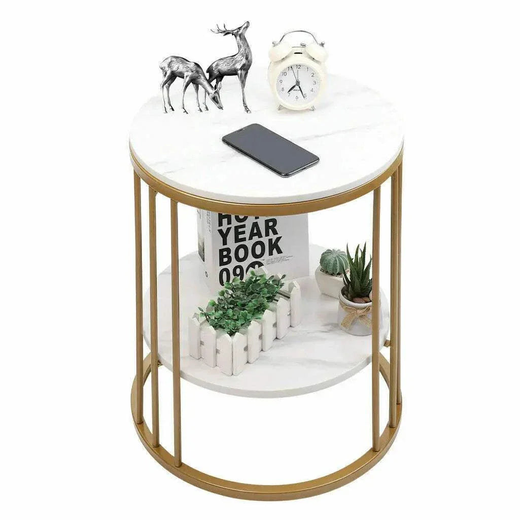 2-tier white marble round sofa side table with golden metal frame and storage shelf for home and office