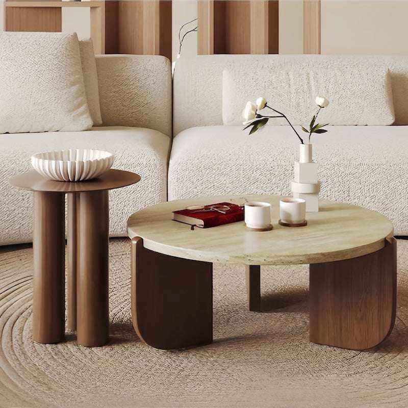 Solid wood natural travertine coffee table with marble top and rounded edges in modern living room setting