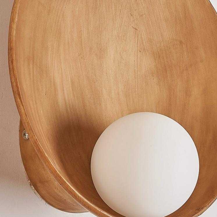 art deco shell design hall wall lamp with frosted glass and resin in warm wood finish