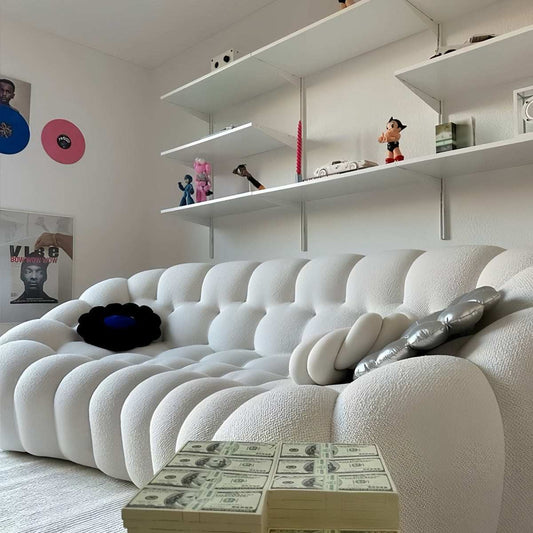 Minimalist cream bubble sofa with natural latex cushions and solid wood frame in French Rochefort style
