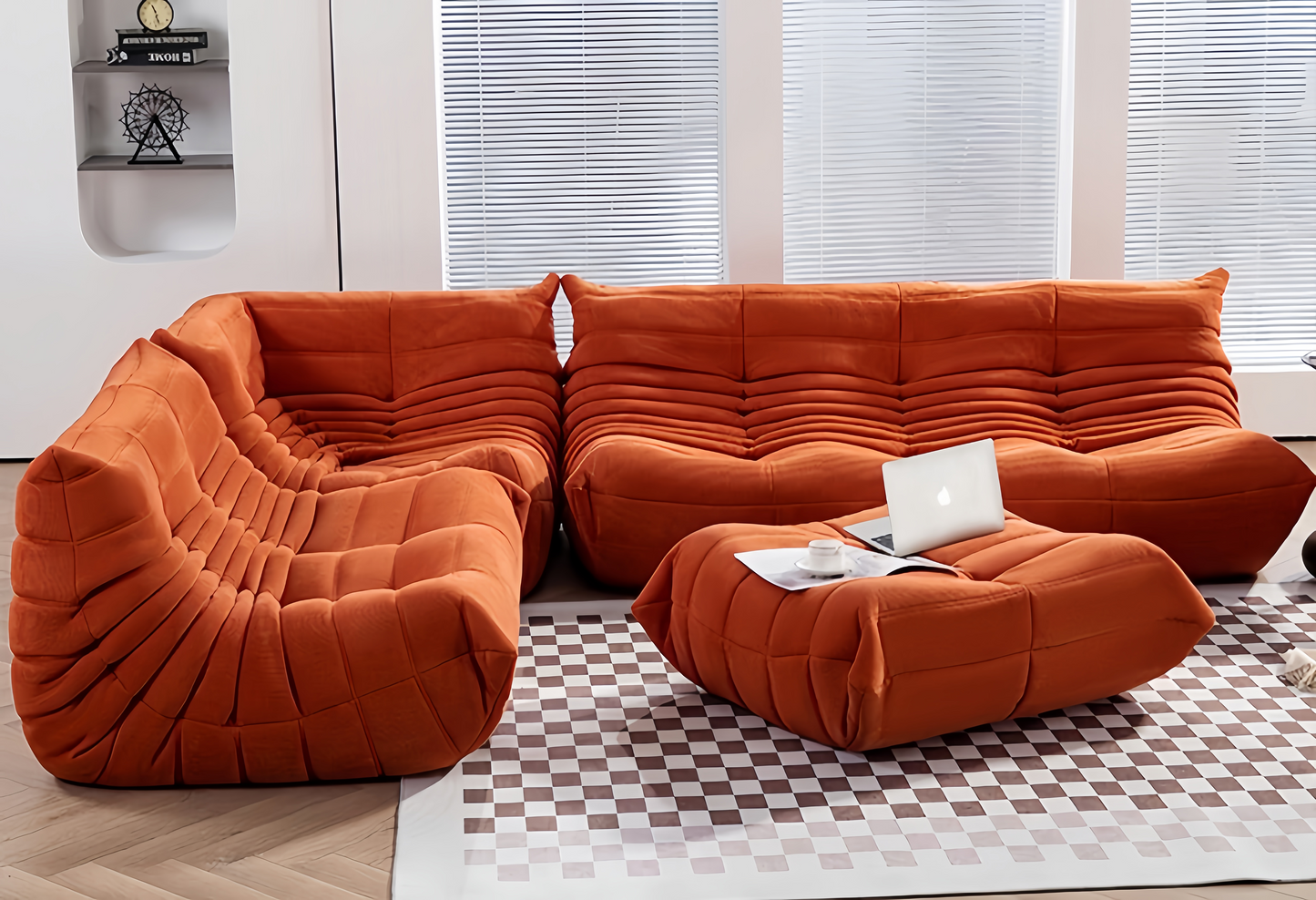 Modern orange corduroy Togo sofa set with view of mountains - sparkledecor.com
