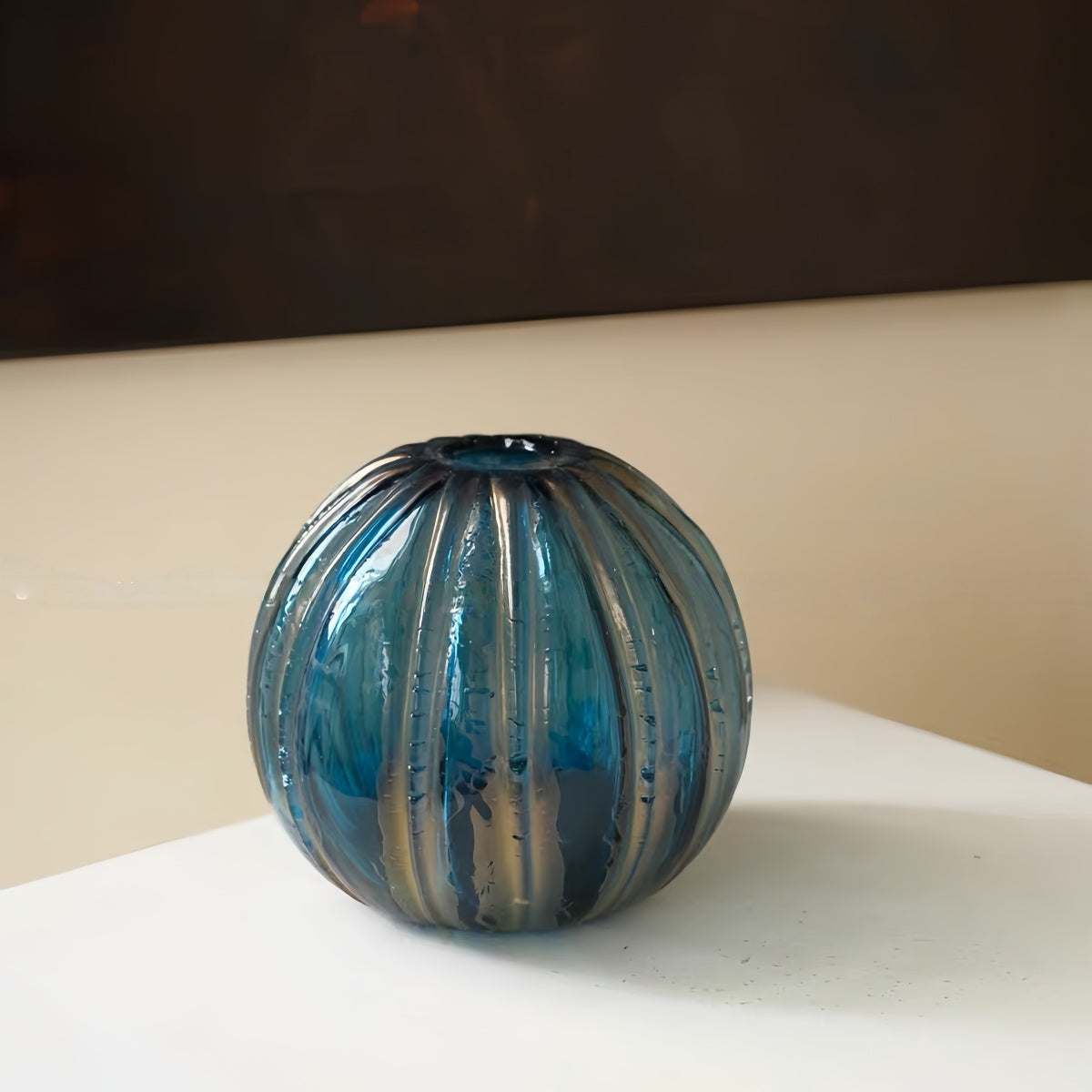 Handmade spherical textured art glass vase with vintage design for elegant decor and floral arrangements