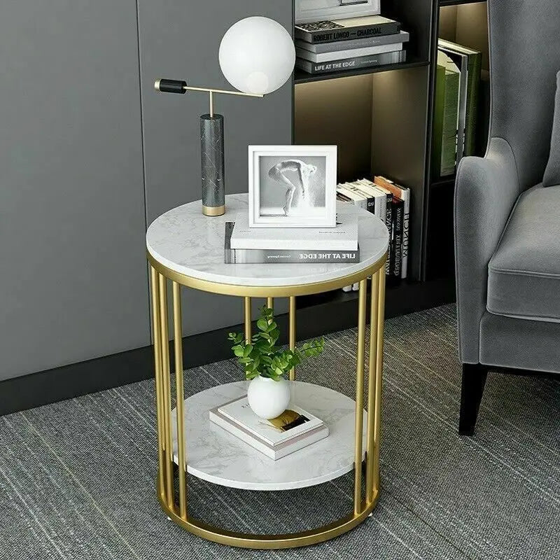 2-Tier White Marble Sofa Side Table for Home & Office - sparkledecor.com