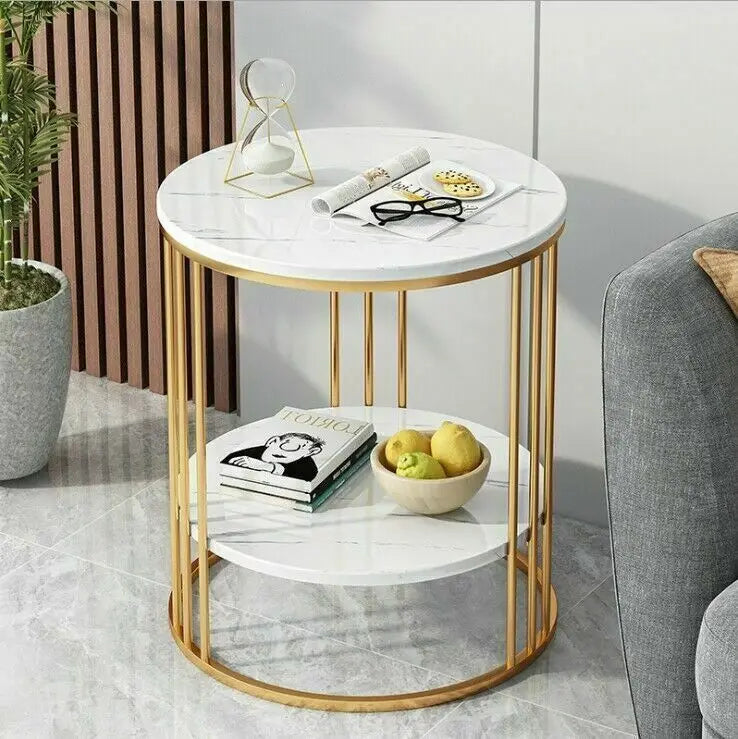 2-Tier White Marble Sofa Side Table for Home & Office - sparkledecor.com