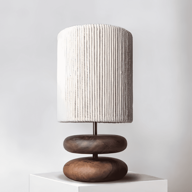 Japanese style wood table lamp with fabric shade and carved wooden base