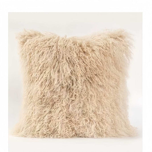 Modern burgundy lamb wool throw pillow on sofa with plush texture and minimalist design