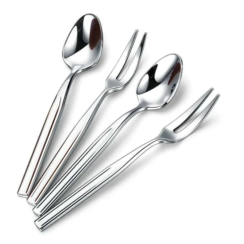Light luxury tableware storage box with walnut base and stainless steel utensils including coffee spoons and dessert forks on a wooden table