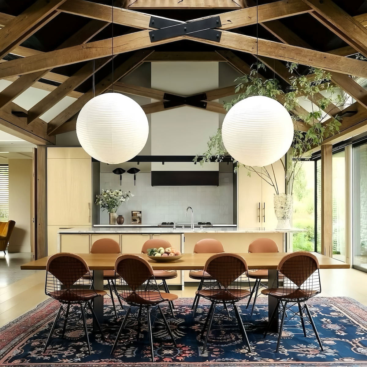 Noguchi Isamu rice paper pendant lighting fixture hanging from ceiling