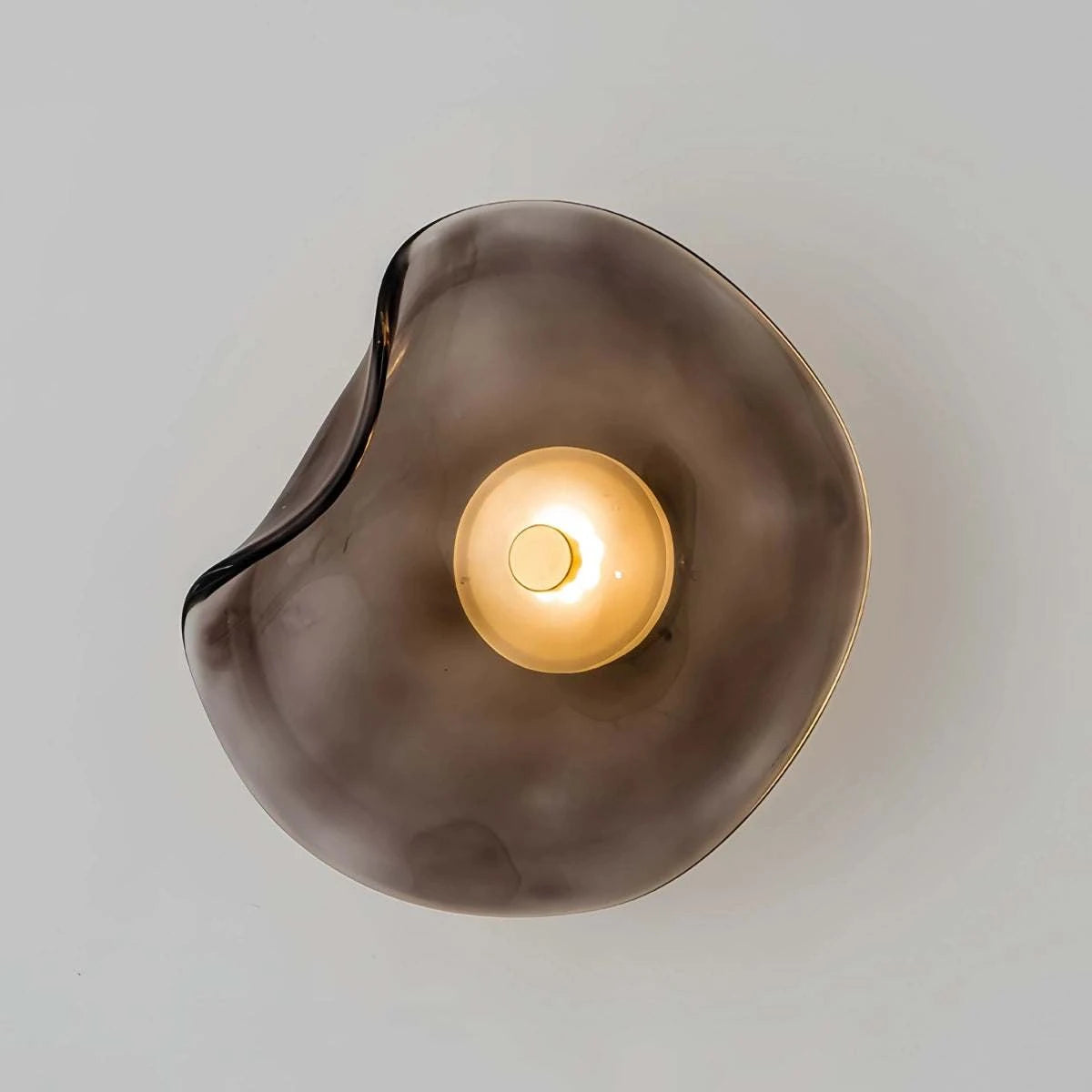 Round minimalist wall sconce with wrought iron frame and translucent glass shade for bedroom and living room lighting