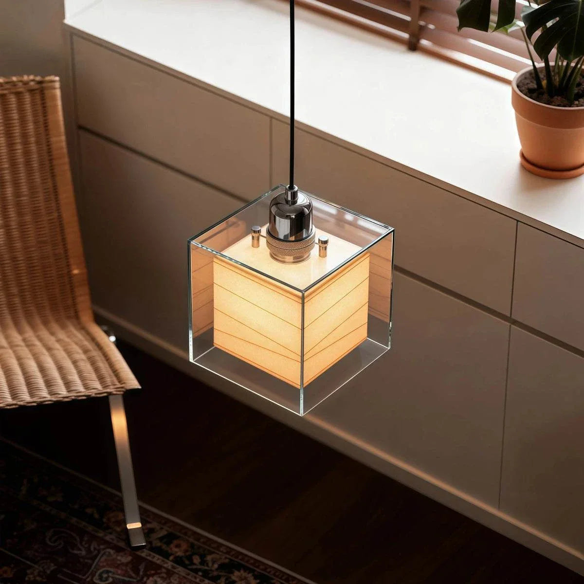 Mid-century square rice paper pendant light with chrome aluminum fixture and adjustable cord, ideal for bedroom bedside ambient lighting
