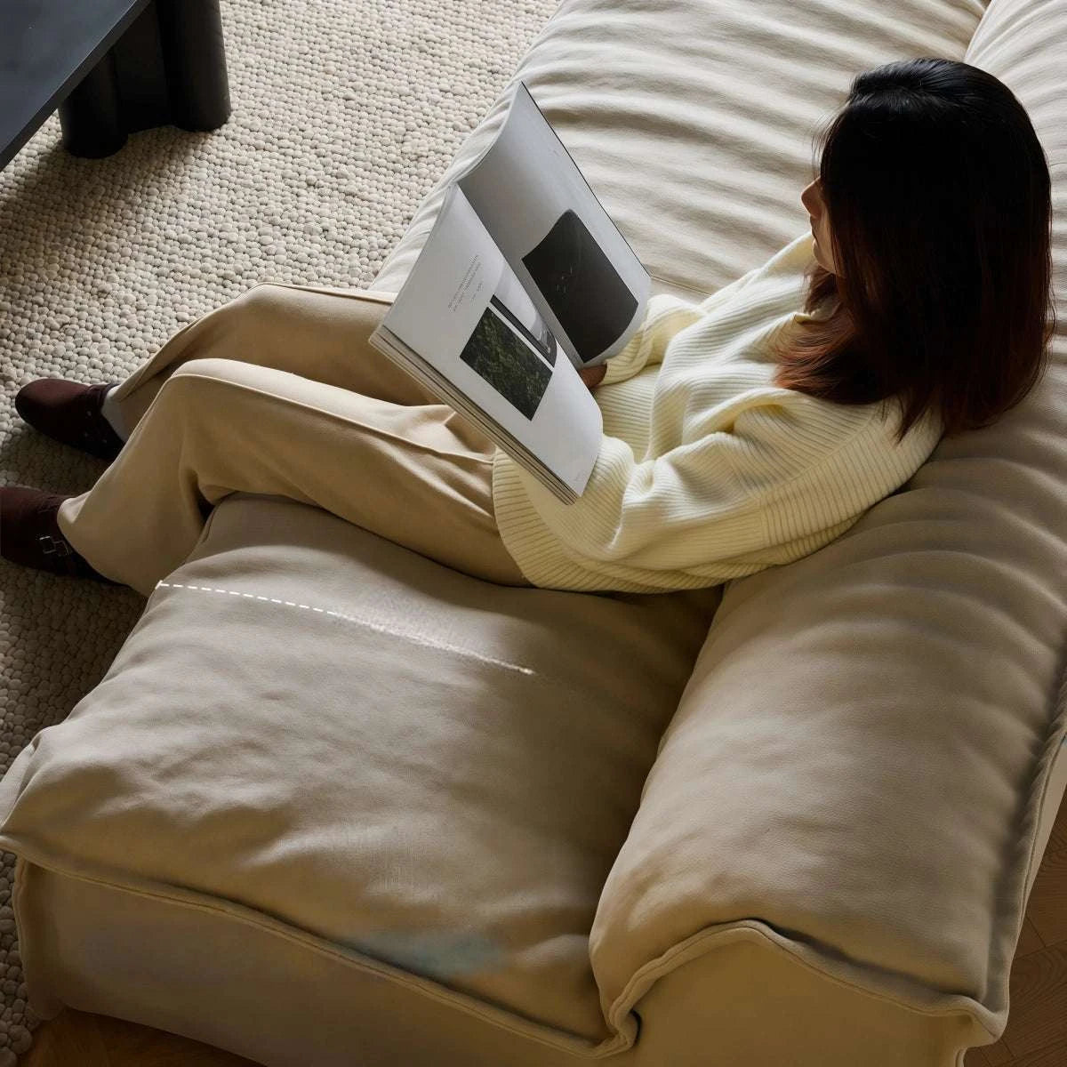 Minimalist armless linen sofa with natural wrinkled texture for small spaces