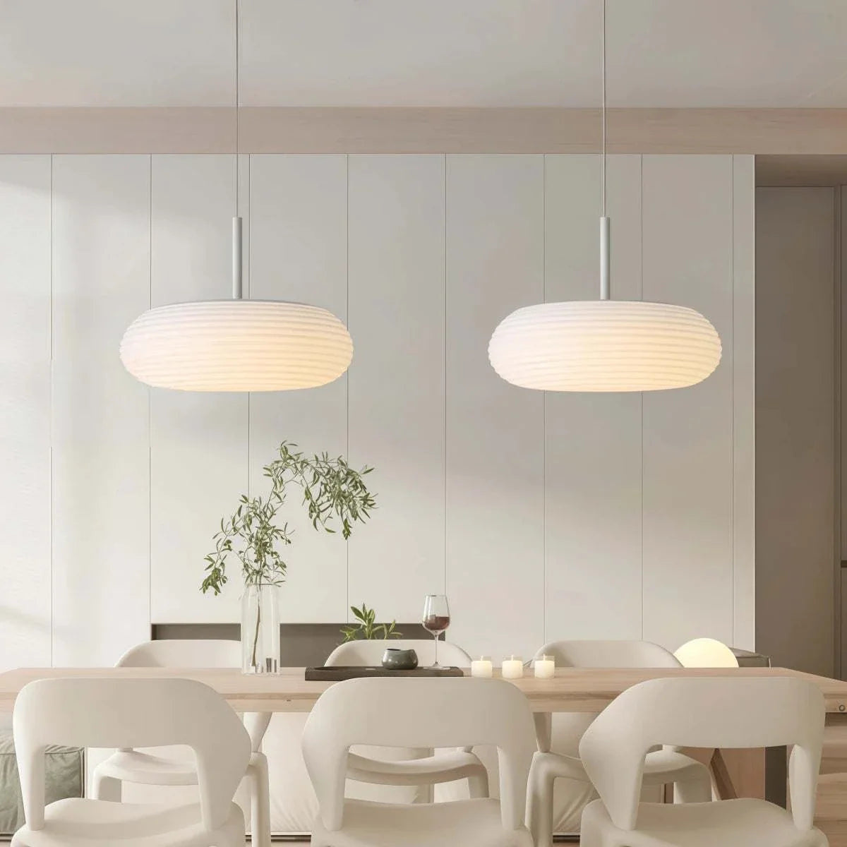 Minimalist Nordic pendant light with oval ribbed PE shade and adjustable cord for dining room and bedroom lighting