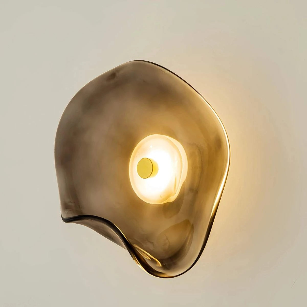 Round minimalist wall sconce with wrought iron frame and translucent glass shade in smoke color, featuring soft warm LED light for bedroom and living room decor.
