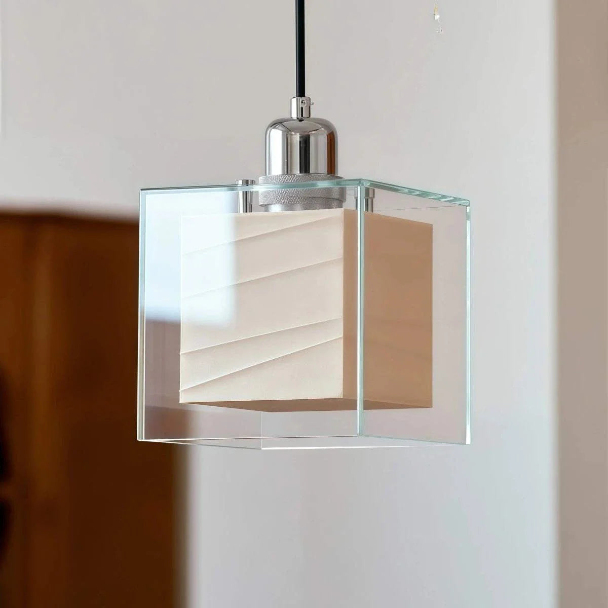 Mid-century square rice paper pendant light with chrome fixture and adjustable cord for bedroom bedside lighting