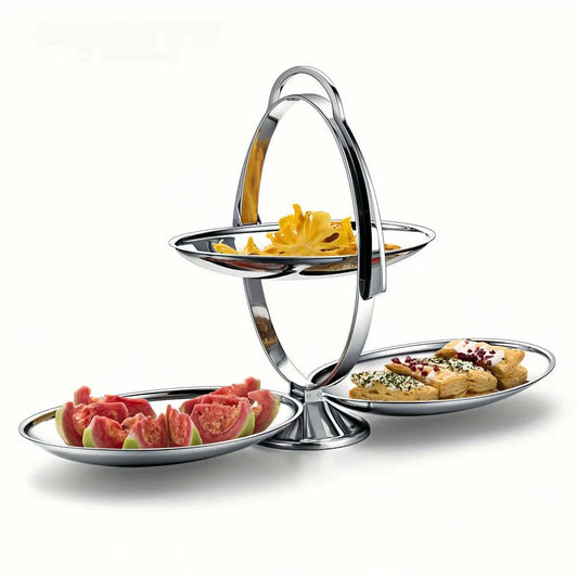 Modern foldable 3-tier stainless steel fruit platter with mirror finish and round base
