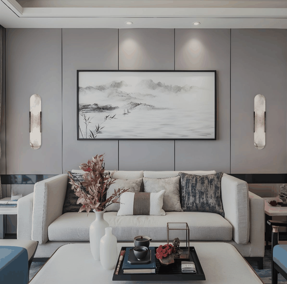 Modern marble wall light with gold and black finishes mounted on living room walls