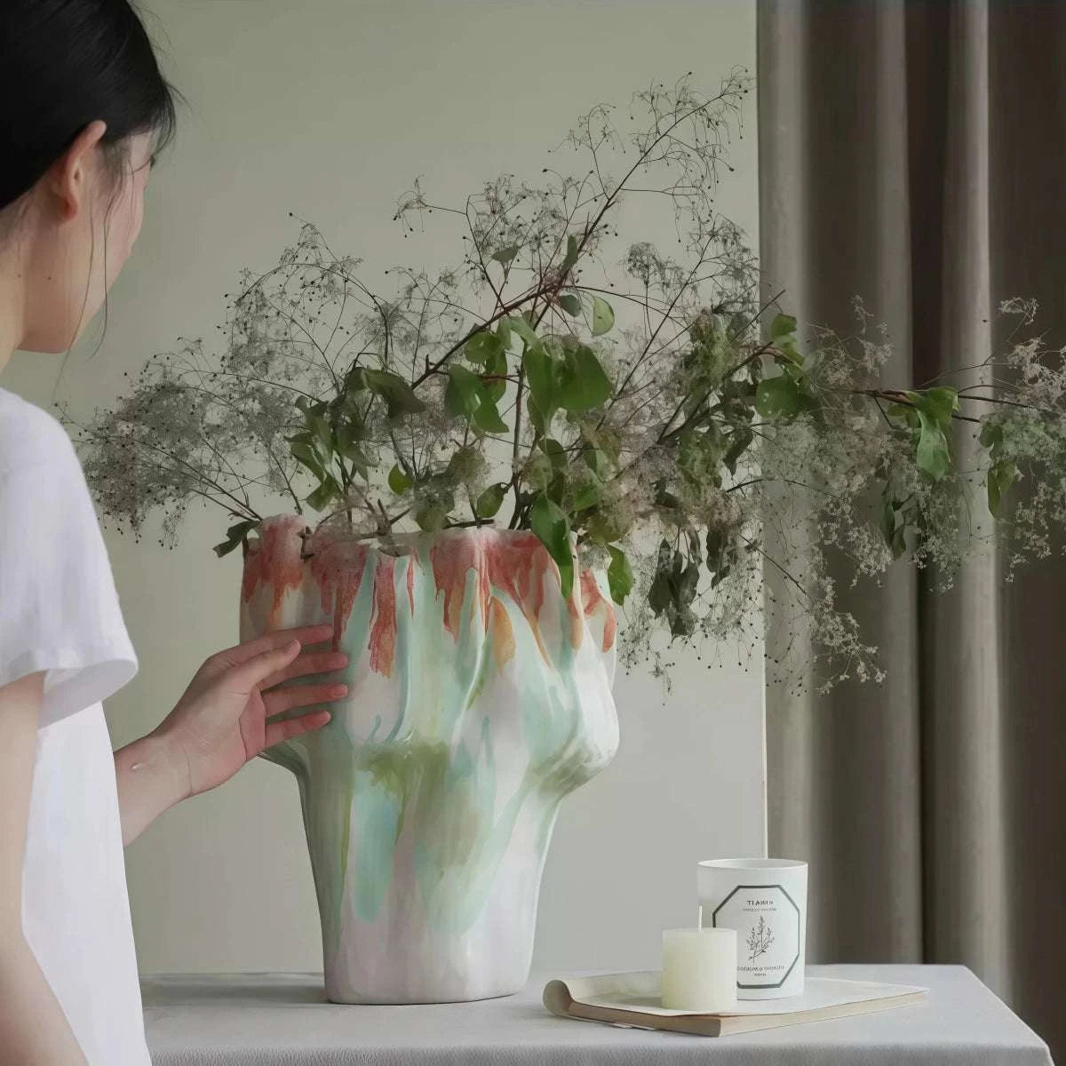Handmade Pink Retro-Style Vase in irregular ceramic with flowing pink, green and coral painted patterns, flared rim
