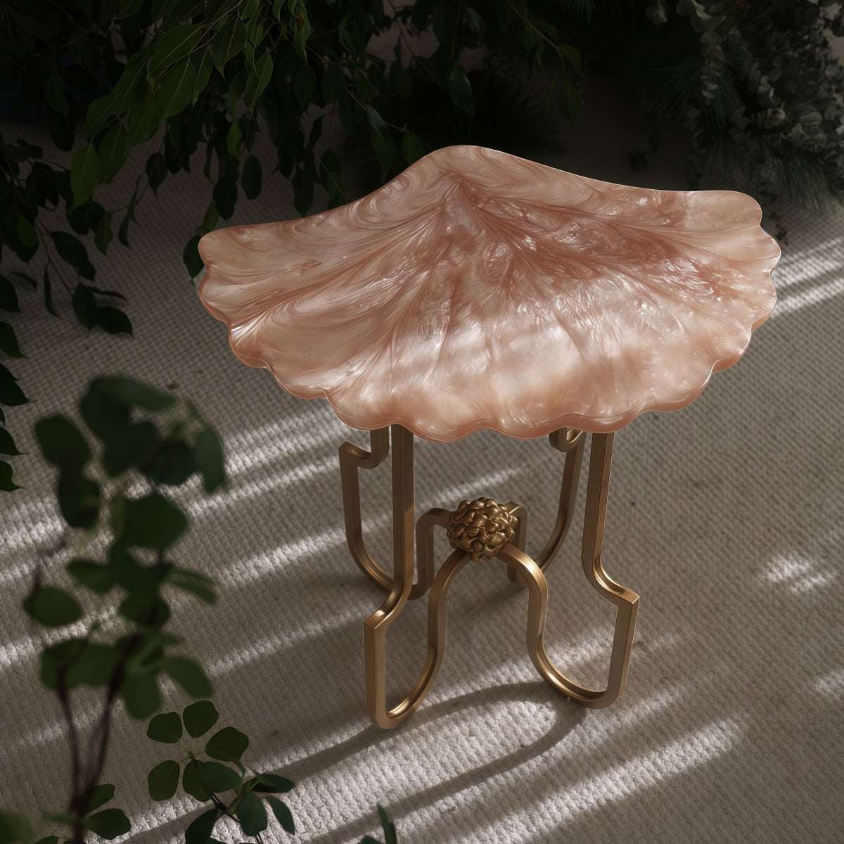 French Vintage-Style shell side table in pearlescent pink resin with sculpted relief and gold metal legs