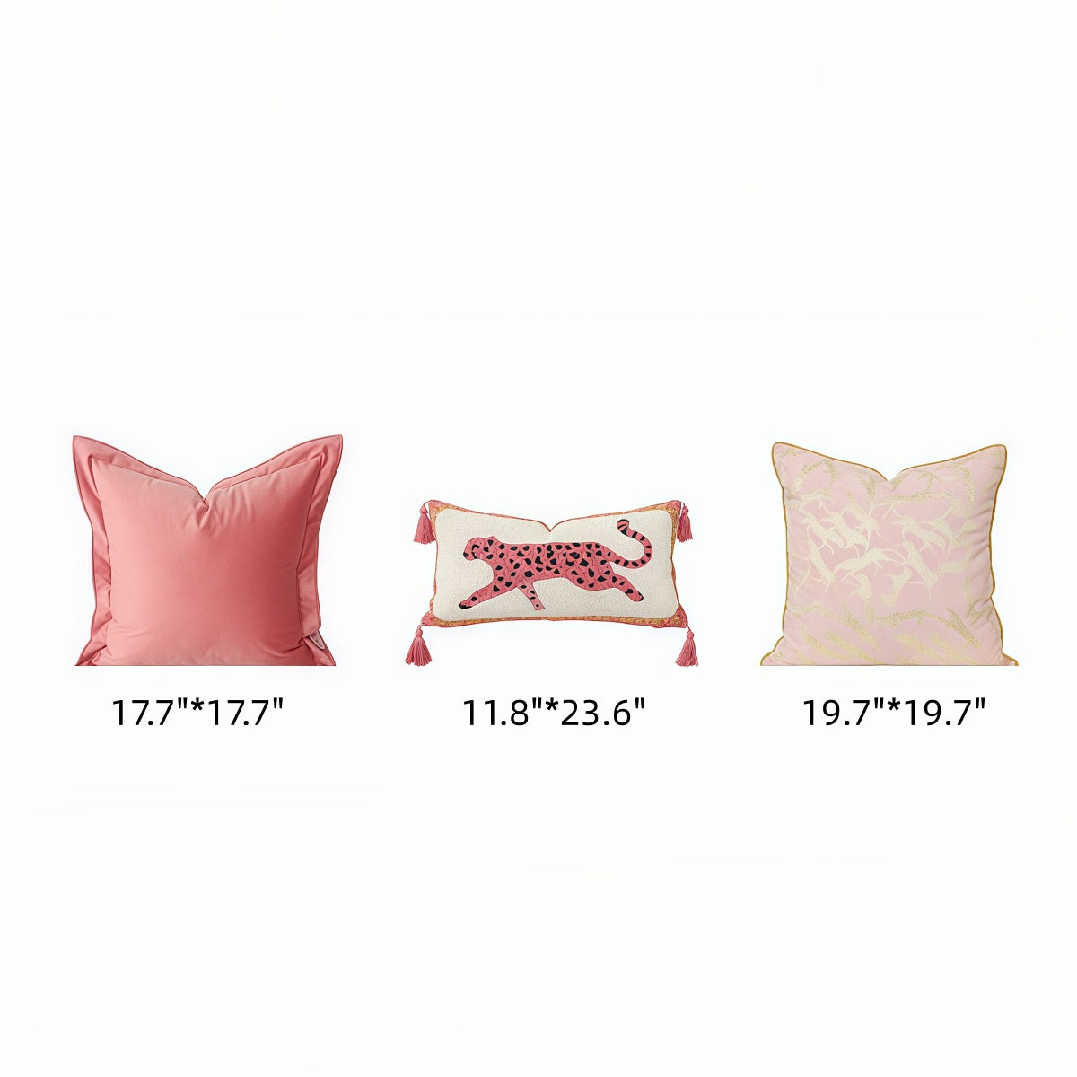 Throw pillow set with smooth coral pink and pale pink patterned covers, including a cream leopard motif and tasseled lumbar cushion; French-Style Pink Leopard-Pattern design