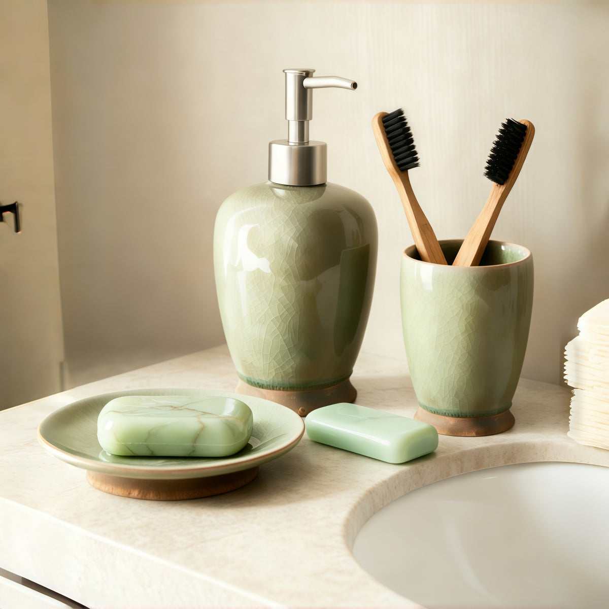 Vintage Green Crackle-Glaze Ceramic Set with pale green ceramic dispenser, soap dish, tumbler and toothbrushes