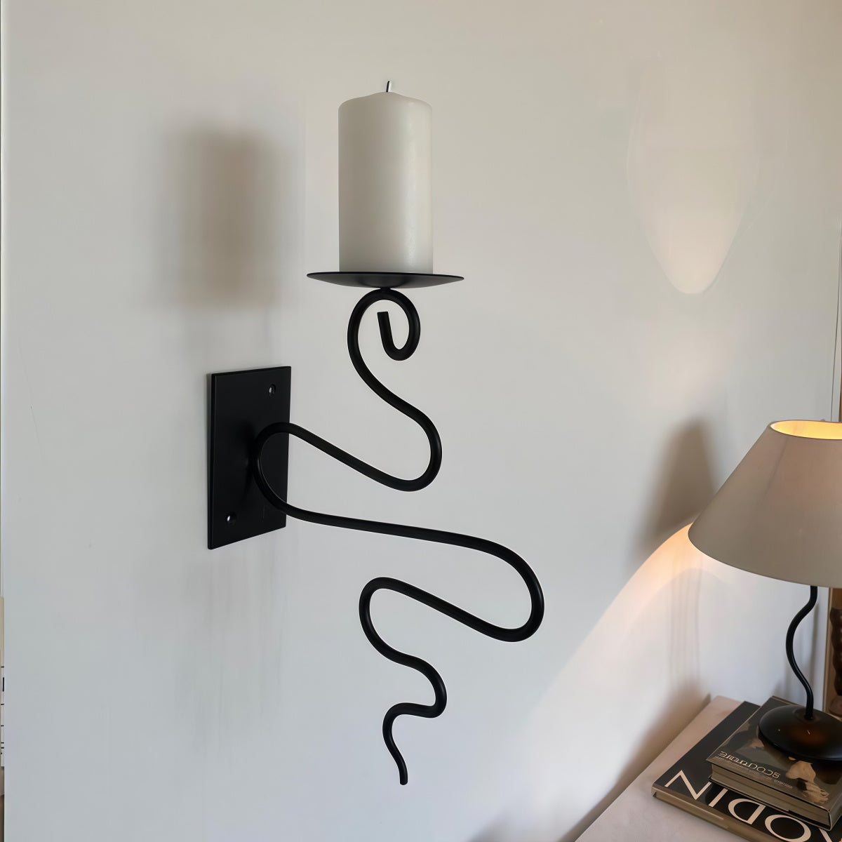 High-End Decorative Wrought Iron Candle Holder in black iron, featuring a curling branch design and round candle plate