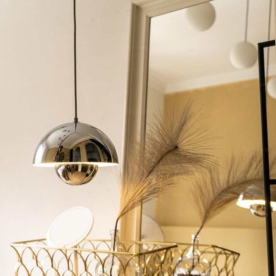 Modern Nordic kitchen island pendant lighting with silver mushroom design and warm LED light