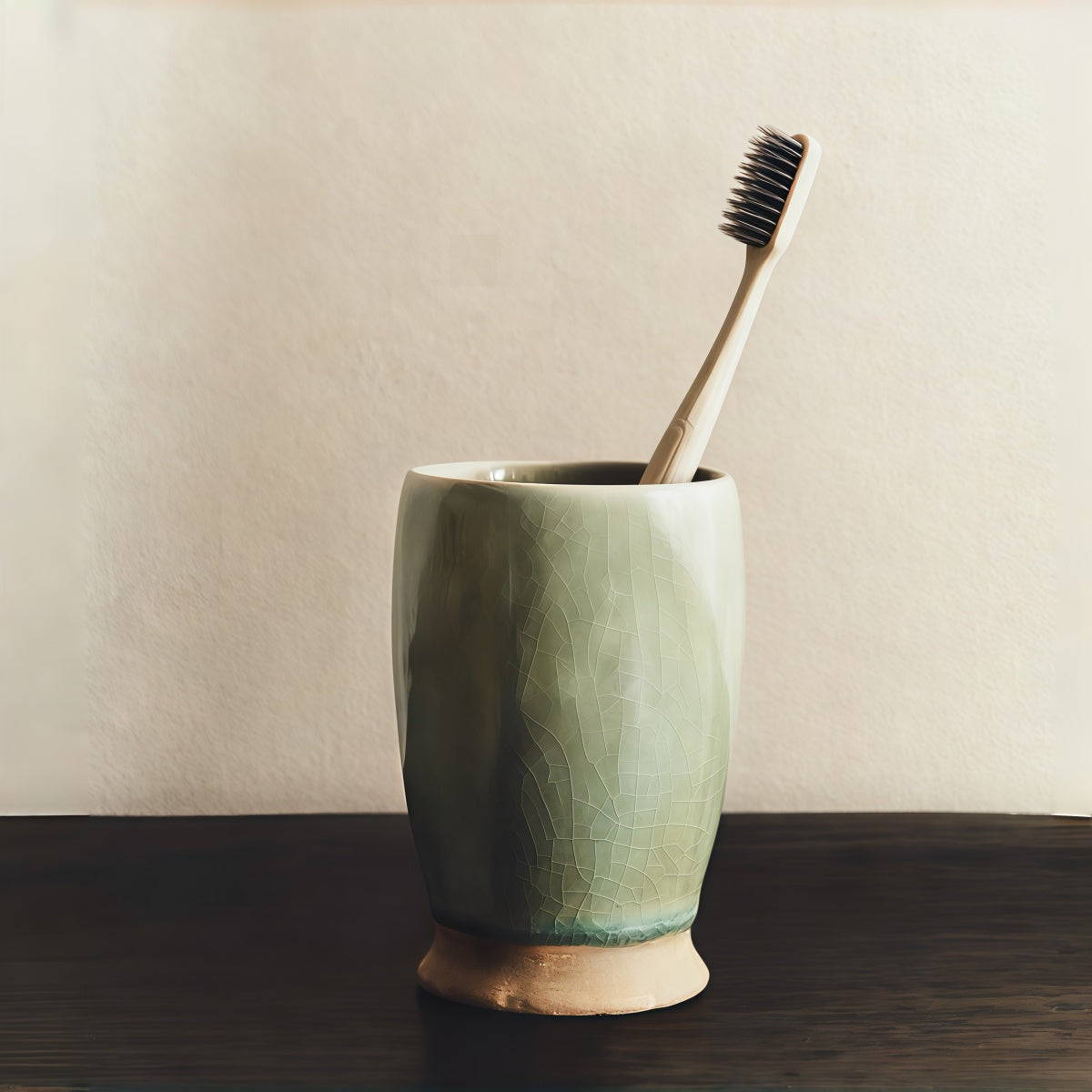 Vintage Green Crackle-Glaze Ceramic Set, shown as a green ceramic rinse cup with a toothbrush and crackled finish