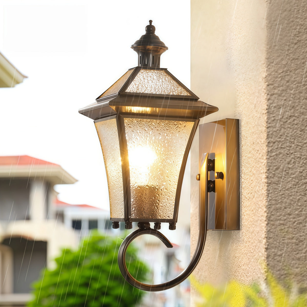 All-Copper Wall Light in antique copper with textured glass shade and ornate lantern-style wall mount