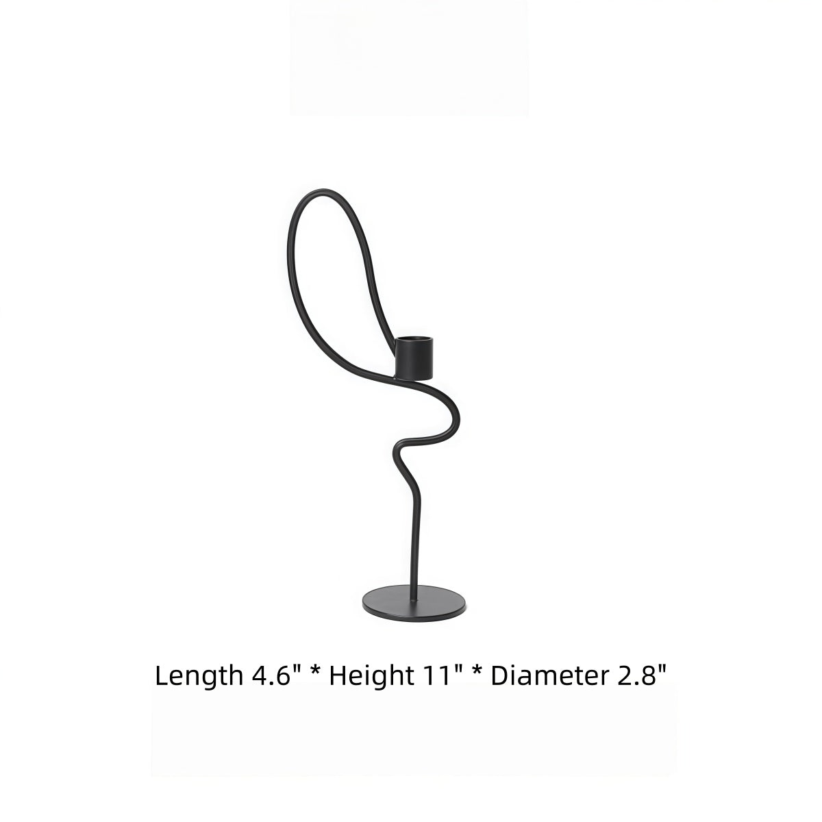 Dancer-Themed Floor-Standing Candle Holder in black metal, with a slender wavy silhouette, curved loop and round base.