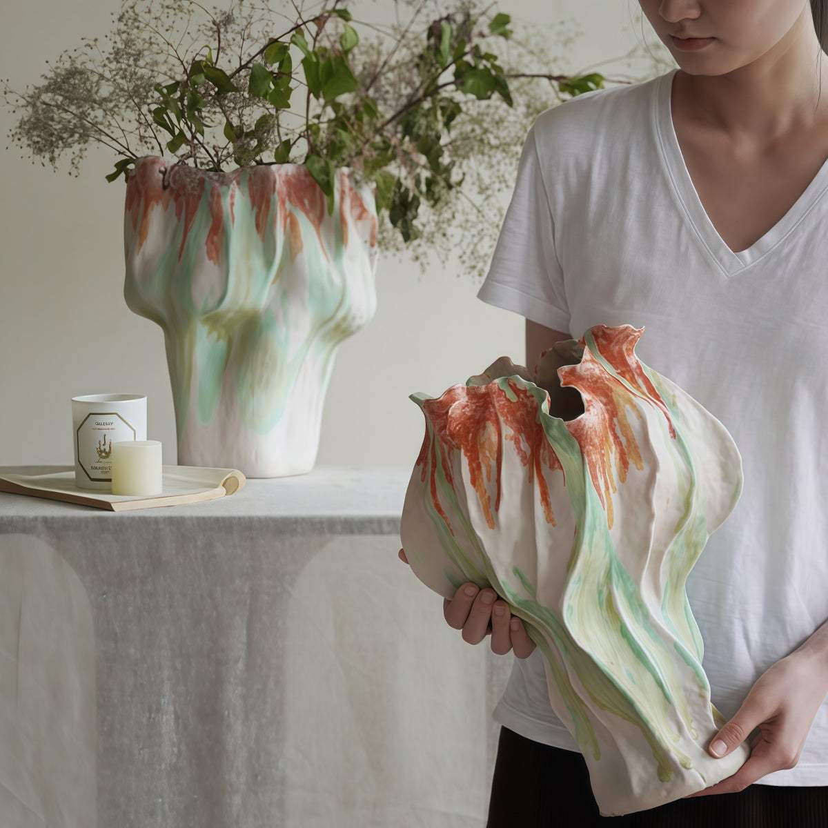 Handmade Pink Retro-Style Vase, irregular ceramic form with flowing pink, green and cream glaze patterns and sculptural edges