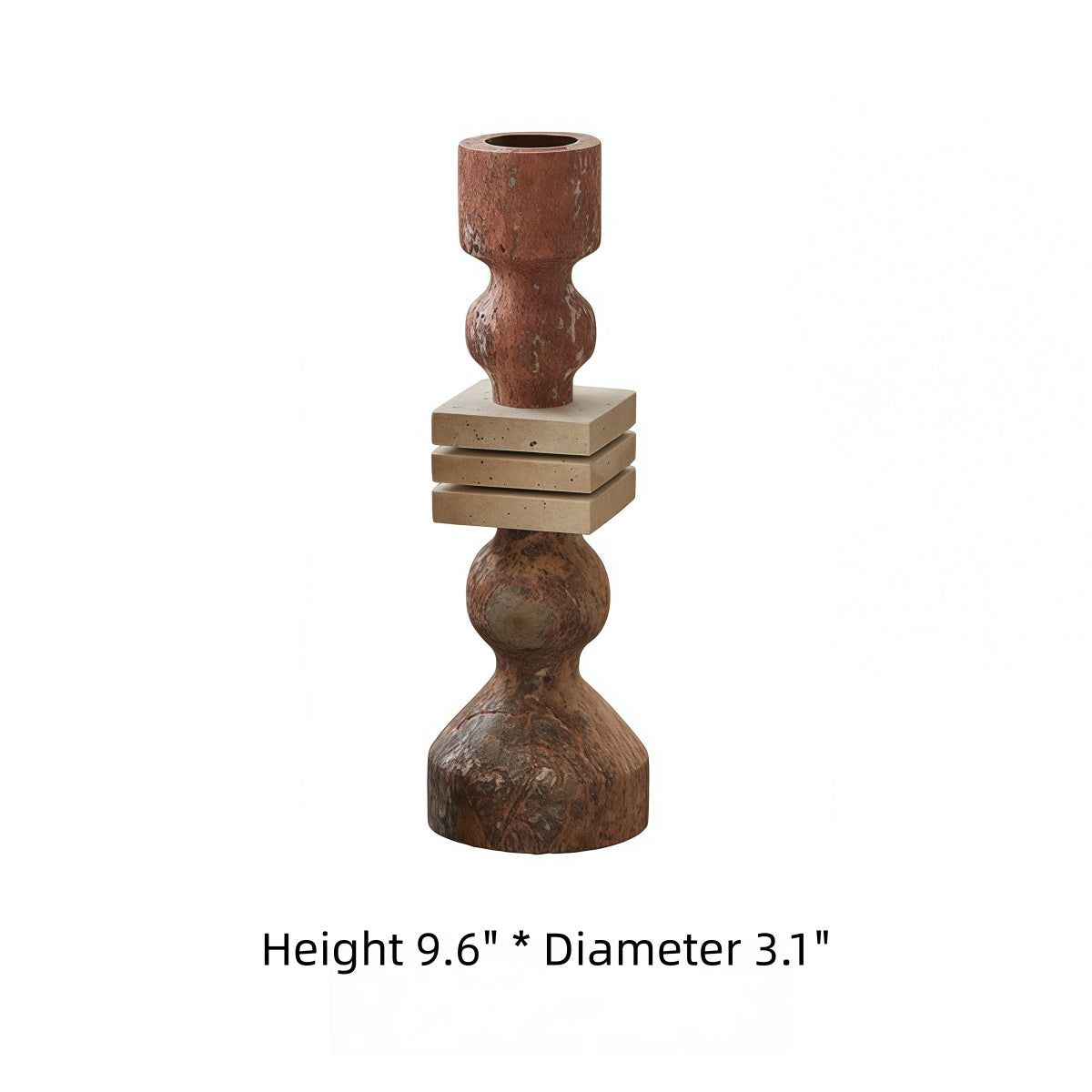 Stone candle holder in mottled reddish brown with a sculpted turned shape and stacked square accents, French-Style Vintage-Inspired Fireplace décor.