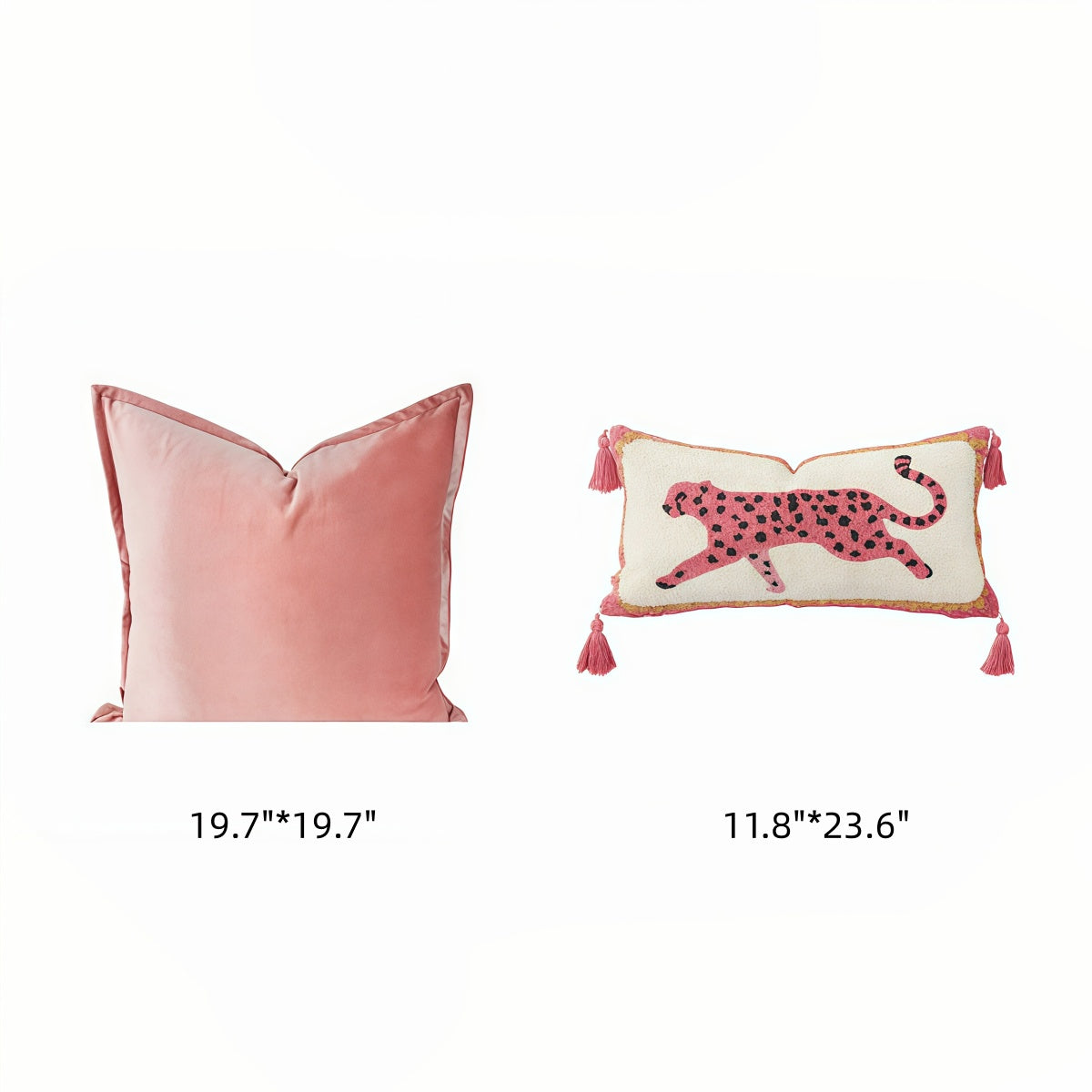 French-Style Pink Leopard-Pattern lumbar pillow with a cream face, pink leaping leopard motif, tassels and pink edging.