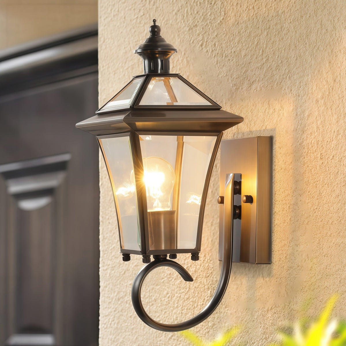 All-Copper Wall Light with antique copper finish, clear glass panels, and ornate curved wall-mounted arm