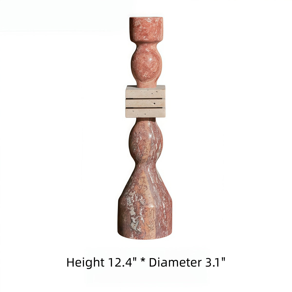 Stone candle holder in red-brown marbled natural stone with a sculptural turned shape and pale wooden bands, French-Style Vintage-Inspired Fireplace decor.