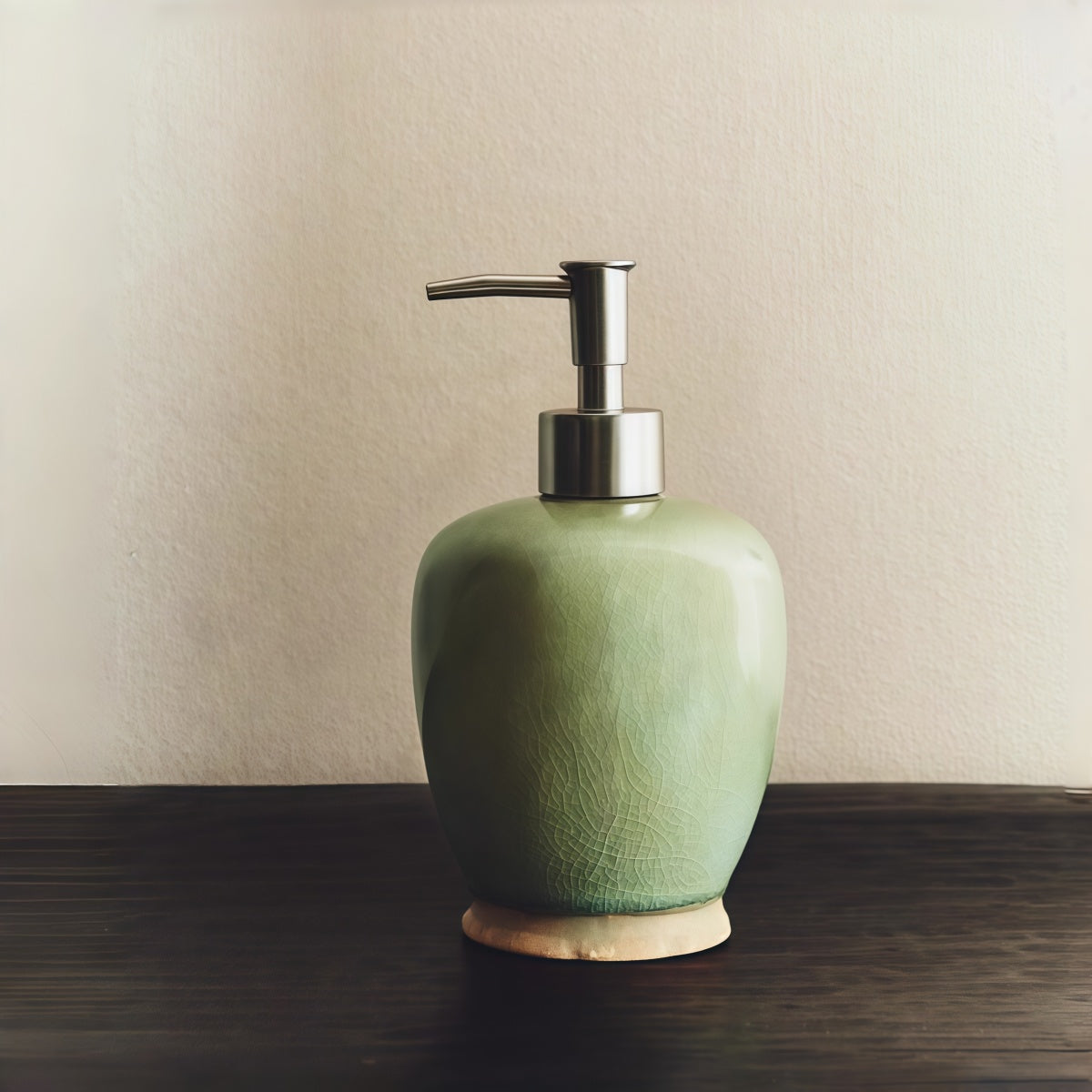 Vintage Green Crackle-Glaze Ceramic Set lotion dispenser in pale green ceramic with metallic pump and rim