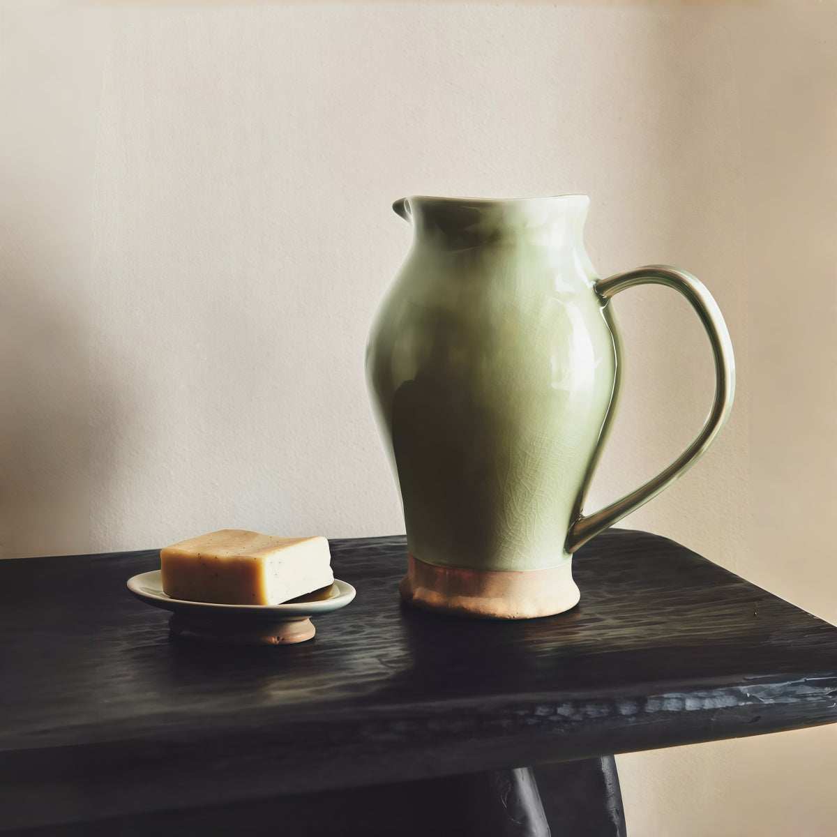 Vintage Green Crackle-Glaze Ceramic Set, featuring a green ceramic pitcher with curved handle and rustic finish