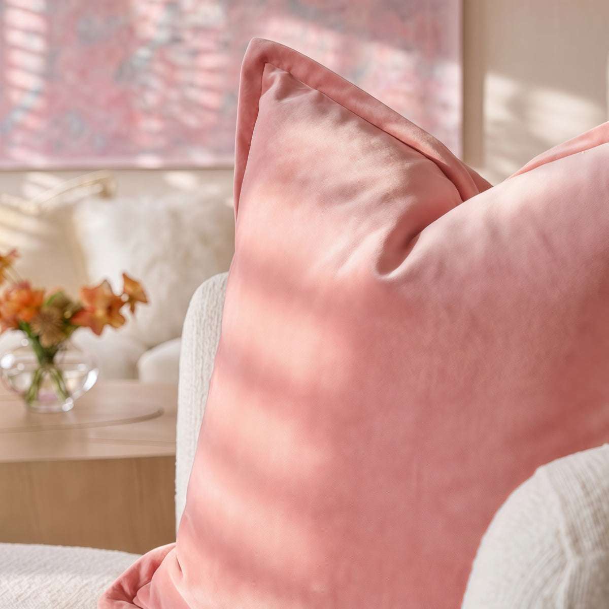 French-Style Pink Leopard-Pattern lumbar throw pillow in soft pink plush fabric, with a smooth solid-color surface and piped edges.