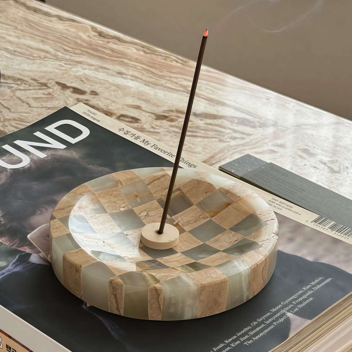 Affordable Luxury stone incense holder with handmade beige and tan checkerboard mosaic, round base and upright stick holder