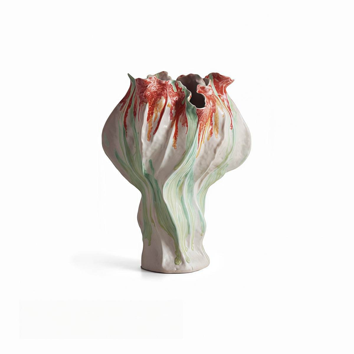 Handmade Pink Retro-Style Vase, irregular ceramic with flowing pink, green and red patterns, sculpted blossom-like opening