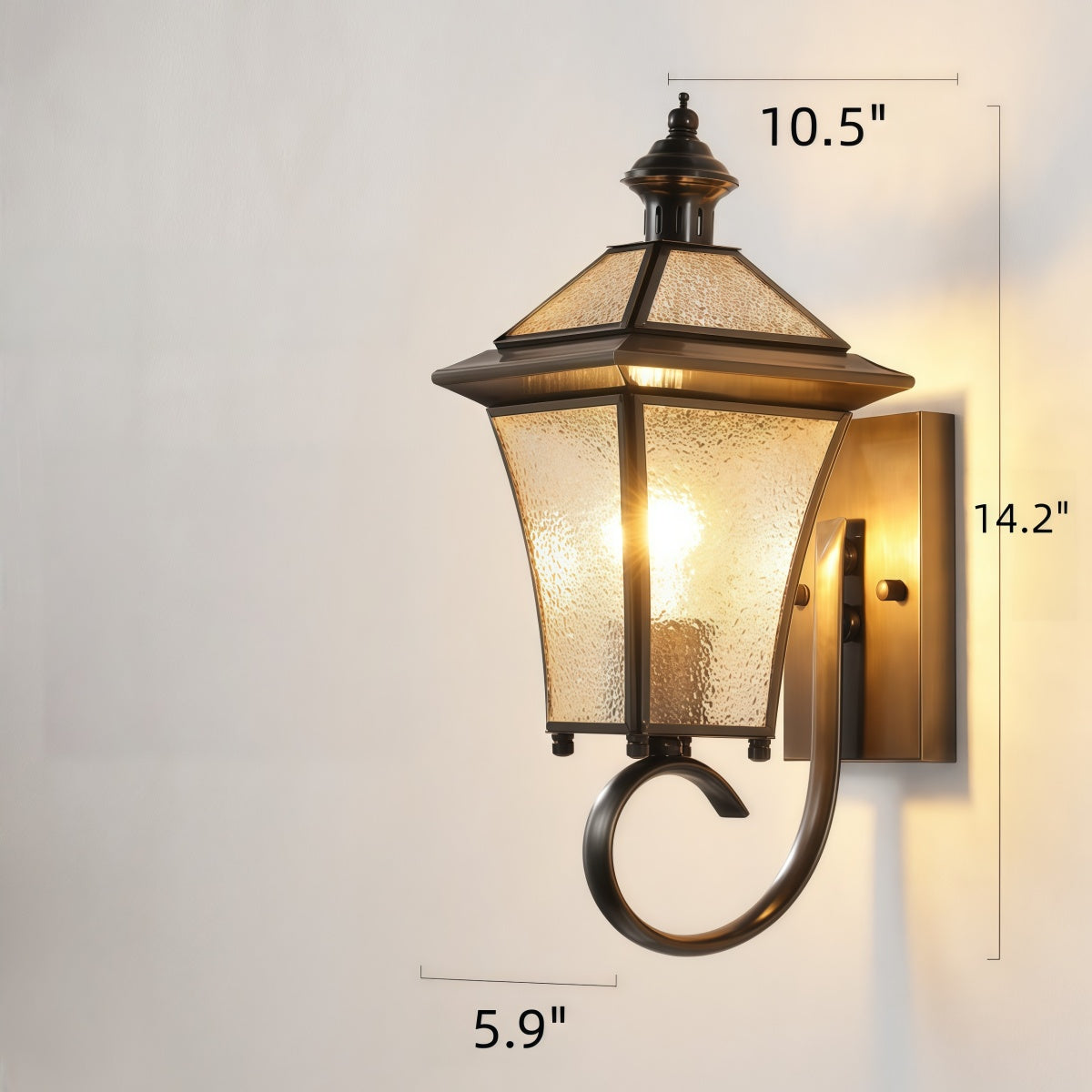 All-Copper Wall Light with antique copper finish, textured glass shade, and curved vintage lantern design