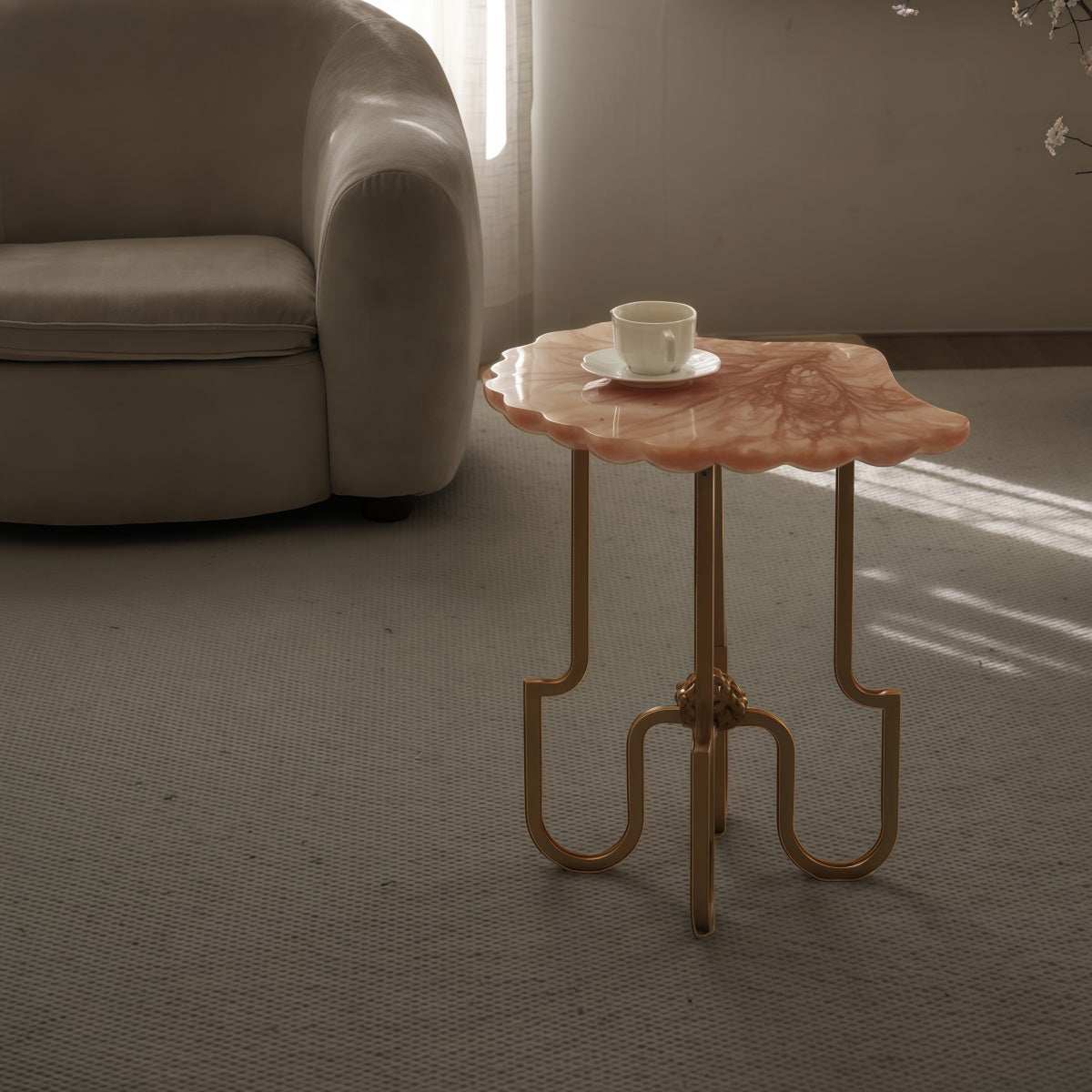 French Vintage-Style resin shell side table with coral pink marbled top and slender gold metal legs