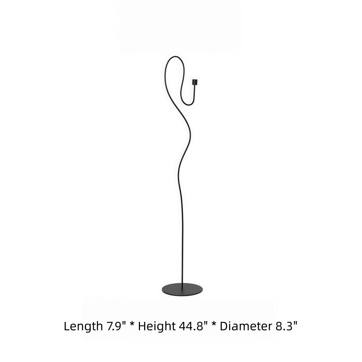 Dancer-Themed Floor-Standing Candle Holder in black iron, with a slender, flowing wavy stem, curved candle hook and round base.