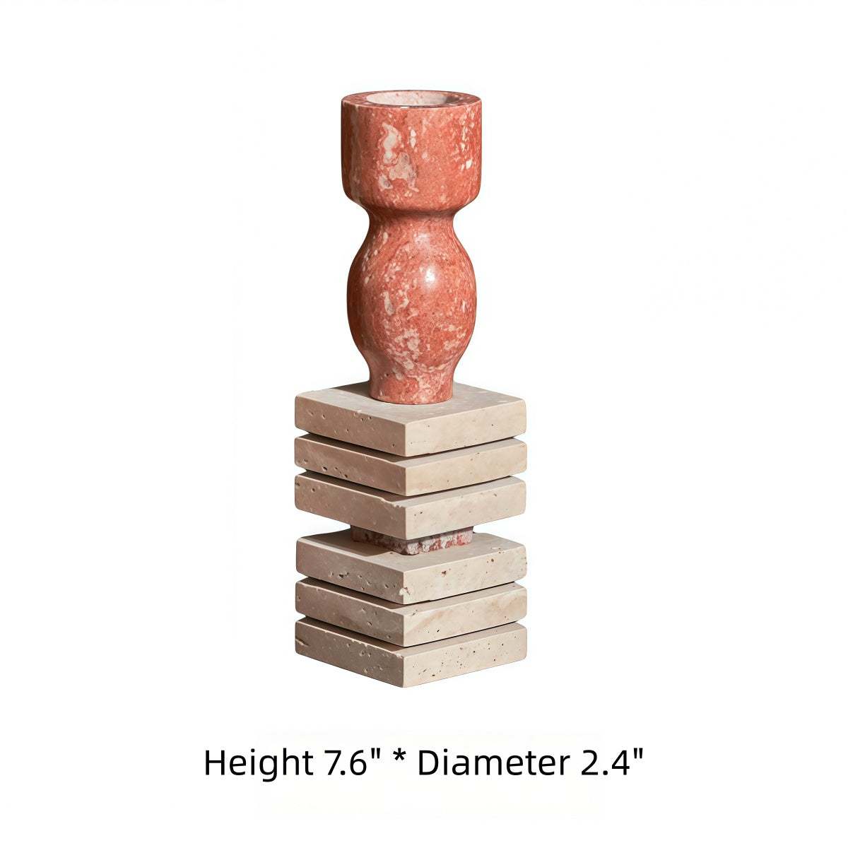 Stone candle holder in red-brown with white veining and stacked square base, French-Style Vintage-Inspired Fireplace accent.