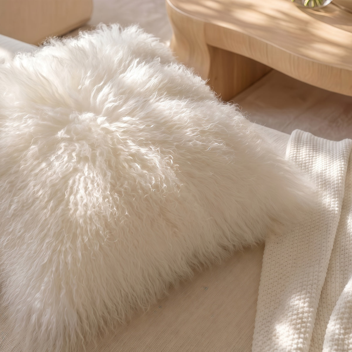 Throw pillow in ivory white with a long, shaggy faux-fur cover and plush textured surface, French-Style Pink Leopard-Pattern collection.