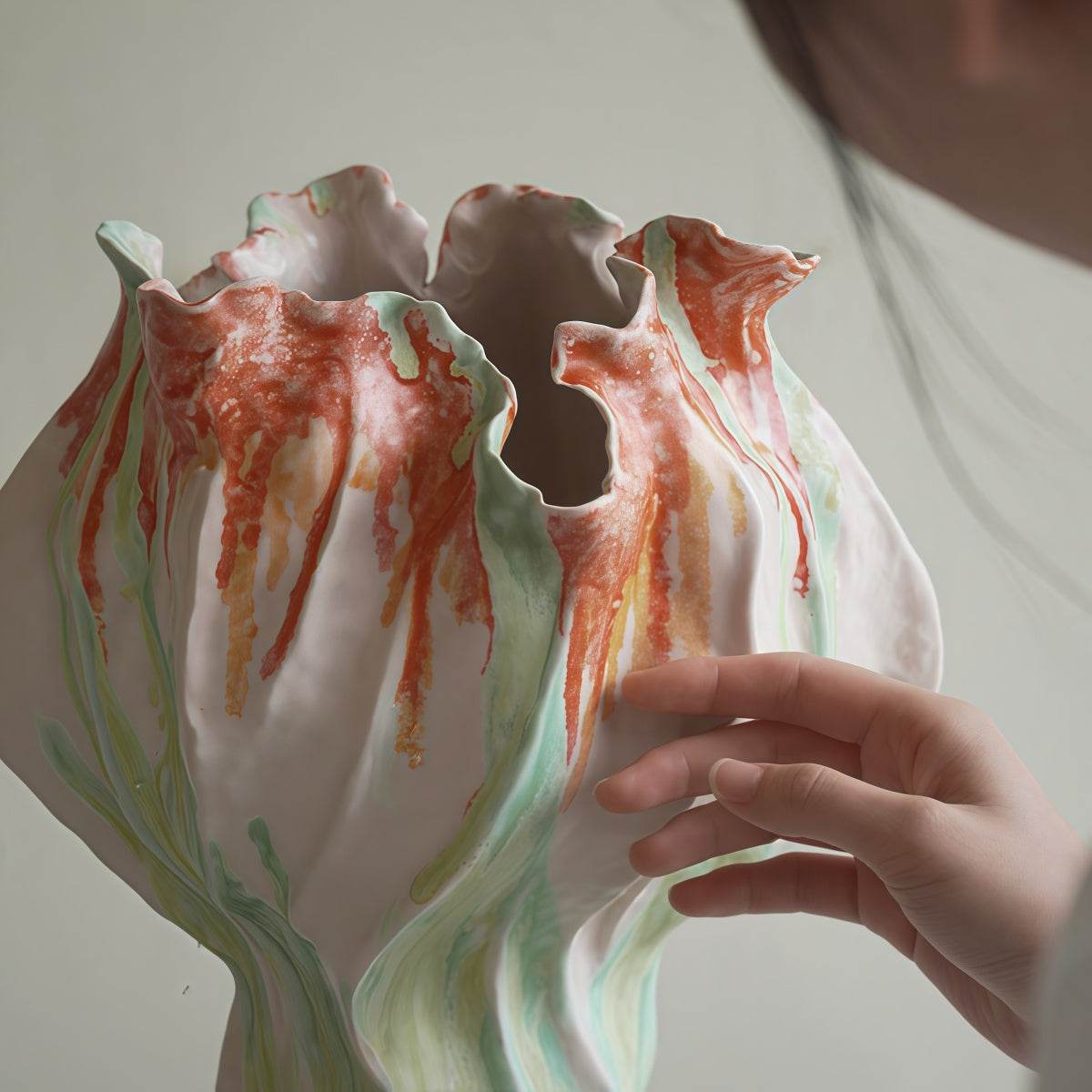 Handmade Pink Retro-Style Vase in irregular ceramic with fluted edges and flowing pink, green, and orange glaze.